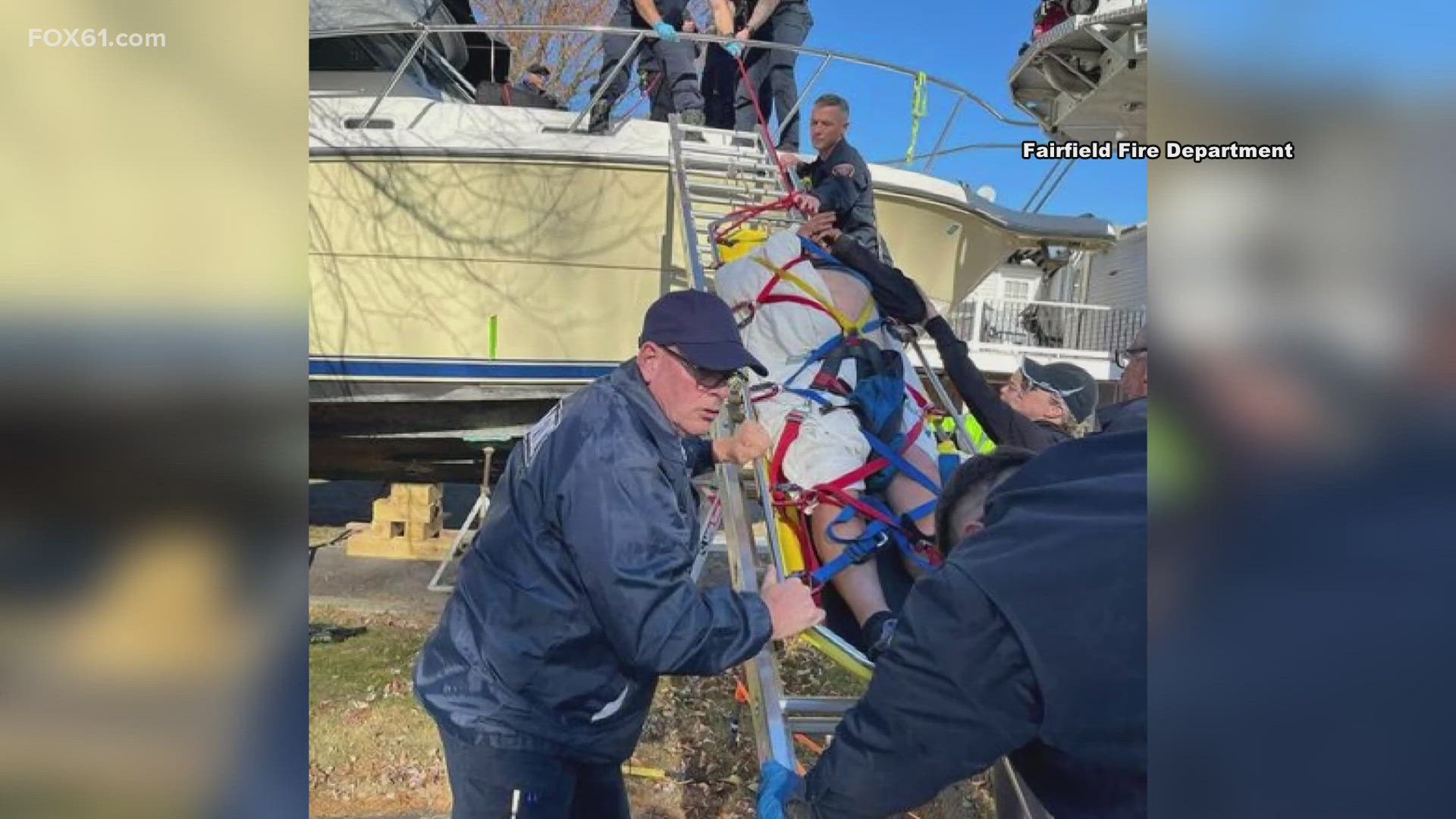 Fairfield firefighters rescued the man trapped inside the tight compartment of a boat on Burroughs Road.