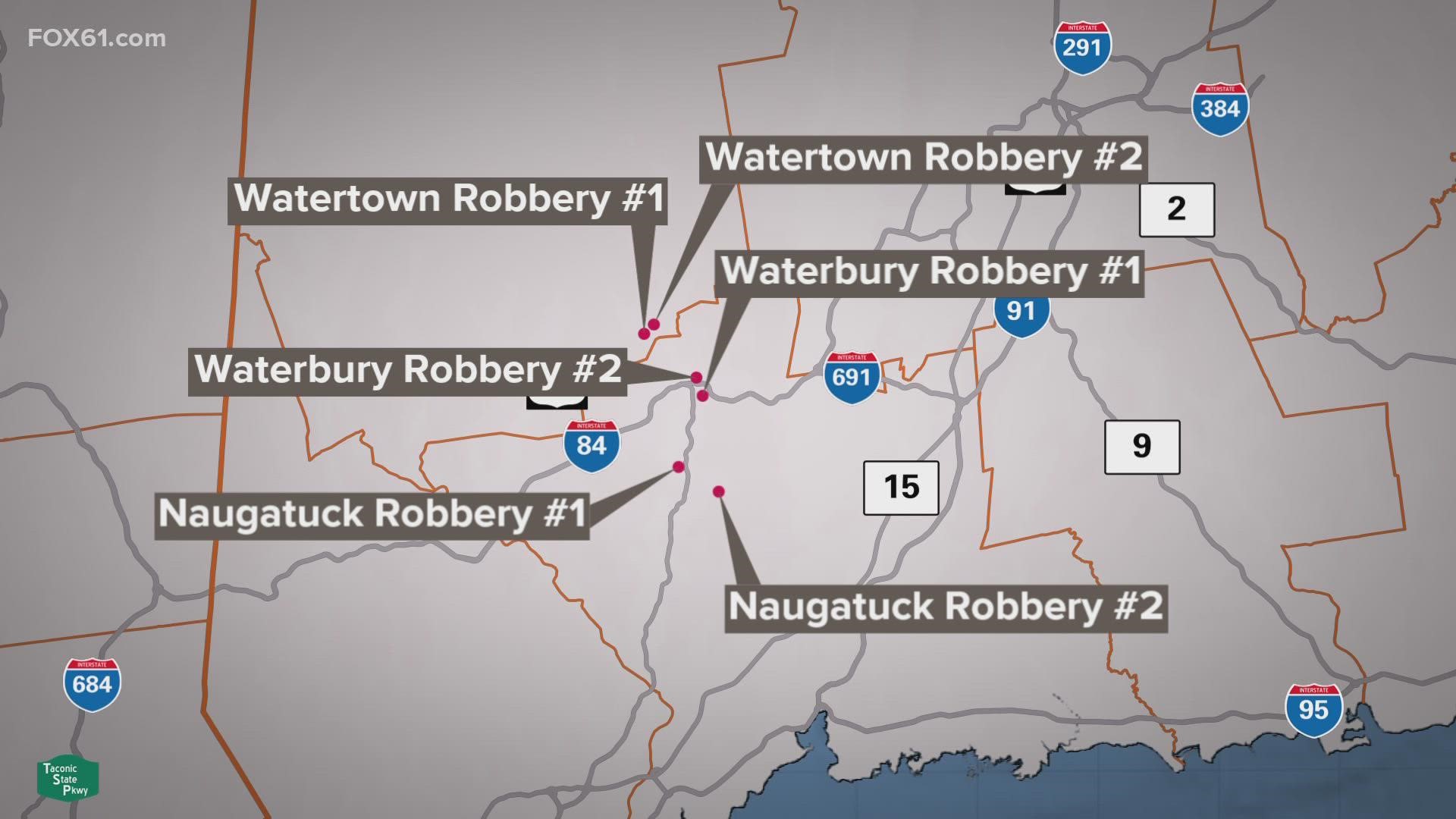 Two Naugatuck liquor stores, two Waterbury businesses, and two Watertown liquor stores have been robbed at gunpoint just hours apart from one another on Friday night