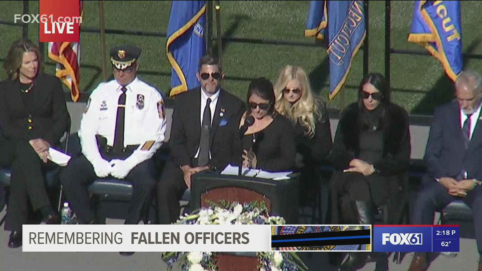 Laura DeMonte, wife of fallen Bristol police Lt. Dustin DeMonte, gave remarks at his funeral service.