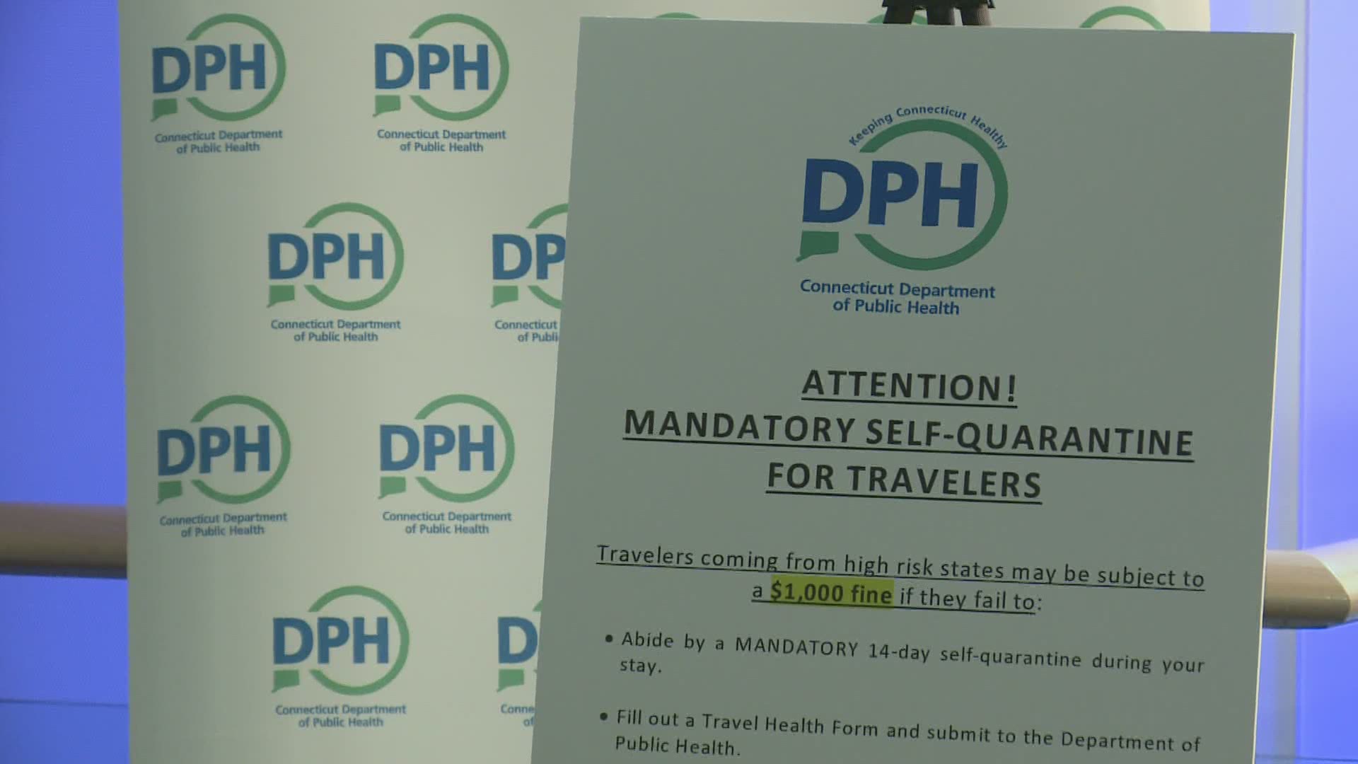 Walking around the Bradley International airport you’ll find signs scattered throughout reminding travelers to self-quarantine and fill out mandatory health forms.