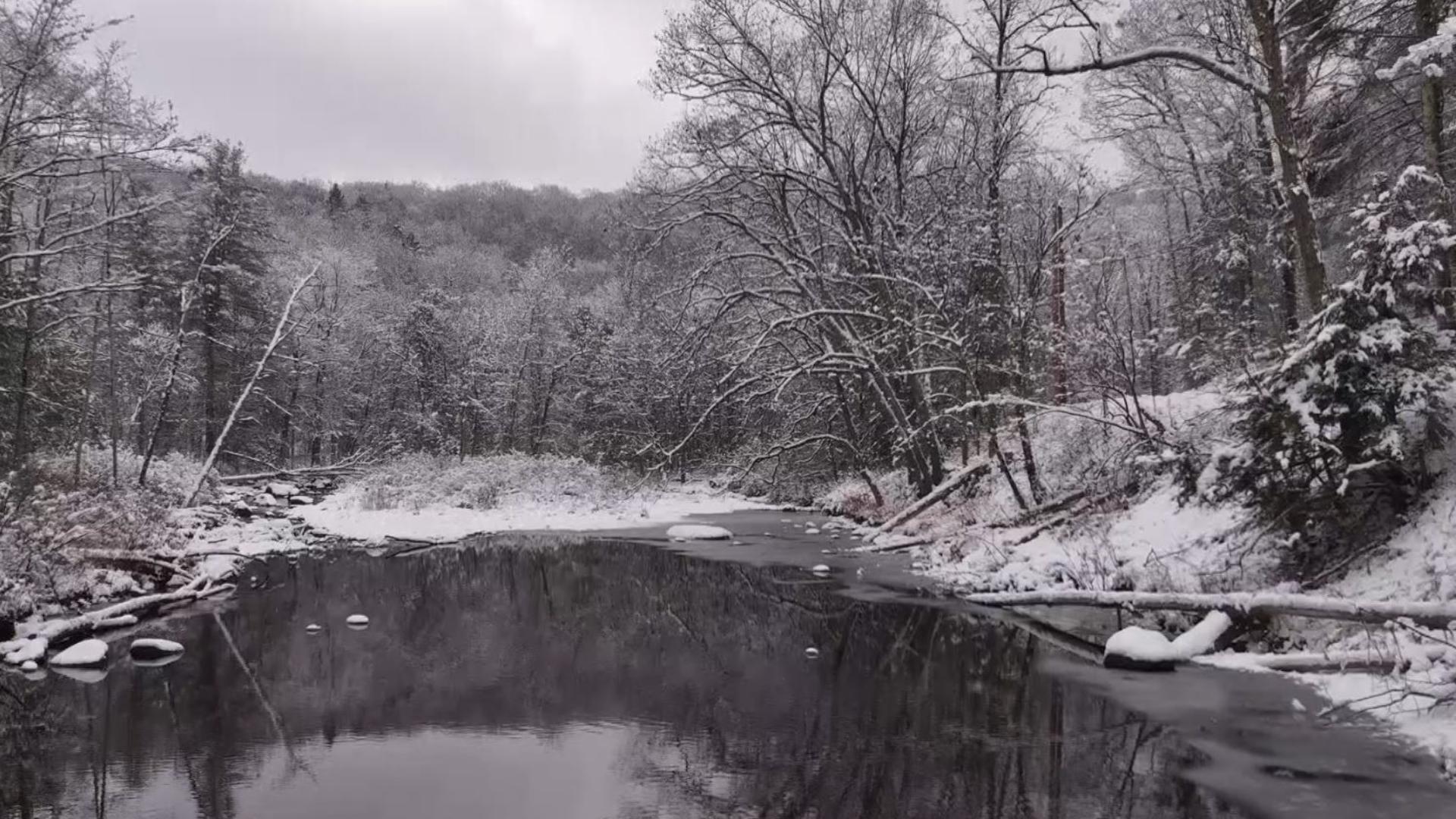 The FOX61 drone flies over the Shepaug River in Morris, Connecticut after the first snowfall of the season.