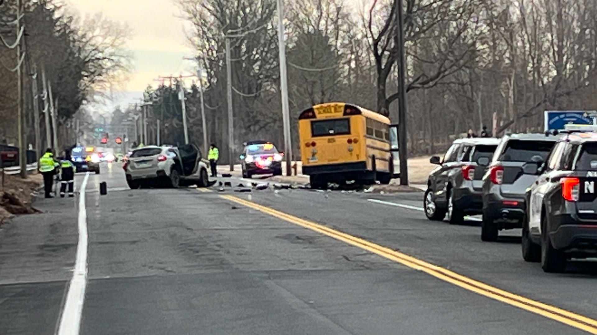 No students were on the bus, but the driver of the vehicle involved died from their injuries.