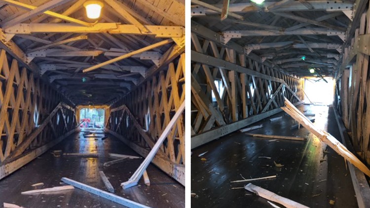 A 158-year-old covered bridge was damaged by a trailer. It will be closed for a while.