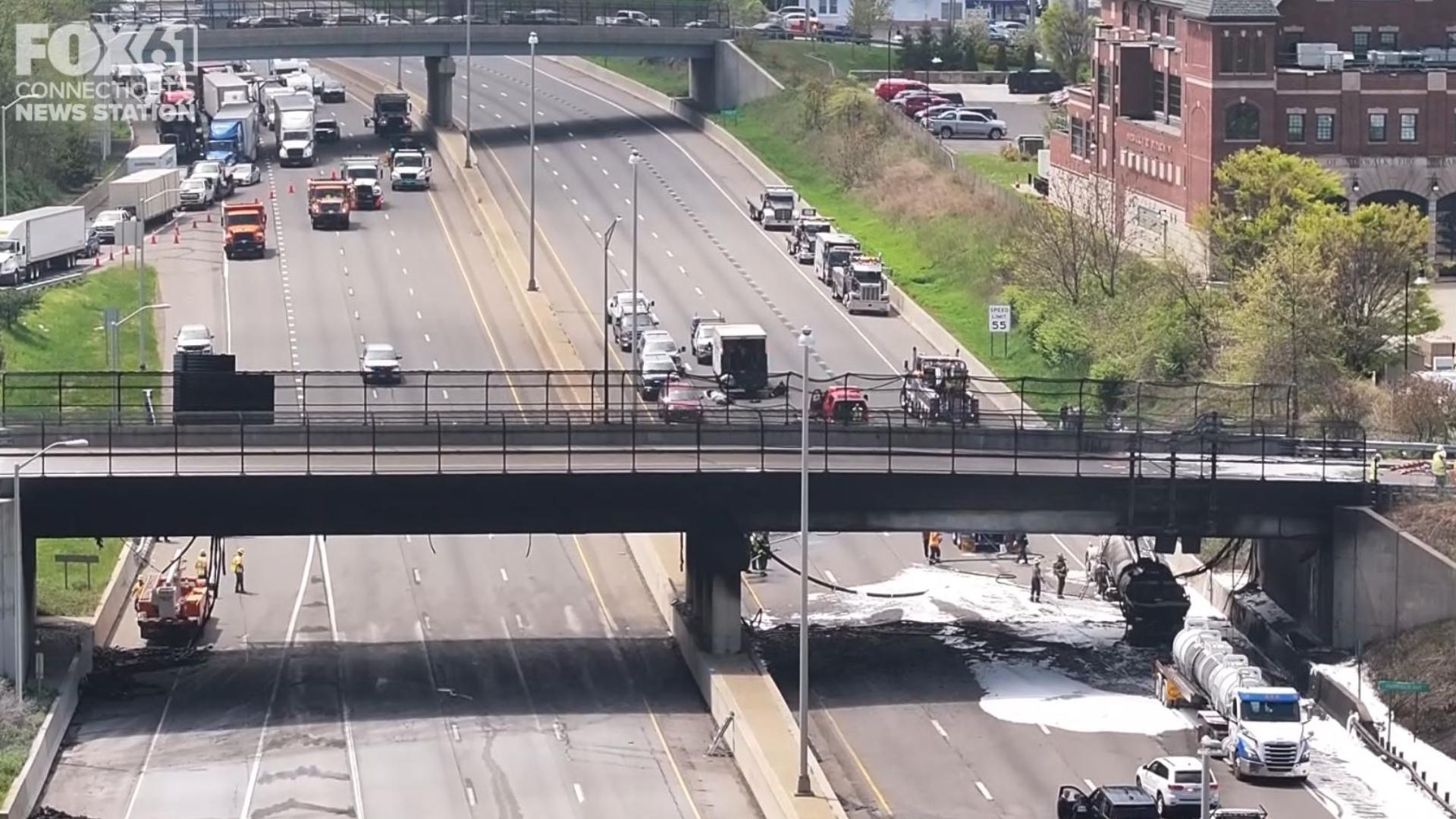 Sky61 captured footage of the damage and traffic that resulted from a 3-car crash involving a tractor-trailer and a fuel tanker on I-95 in Norwalk.