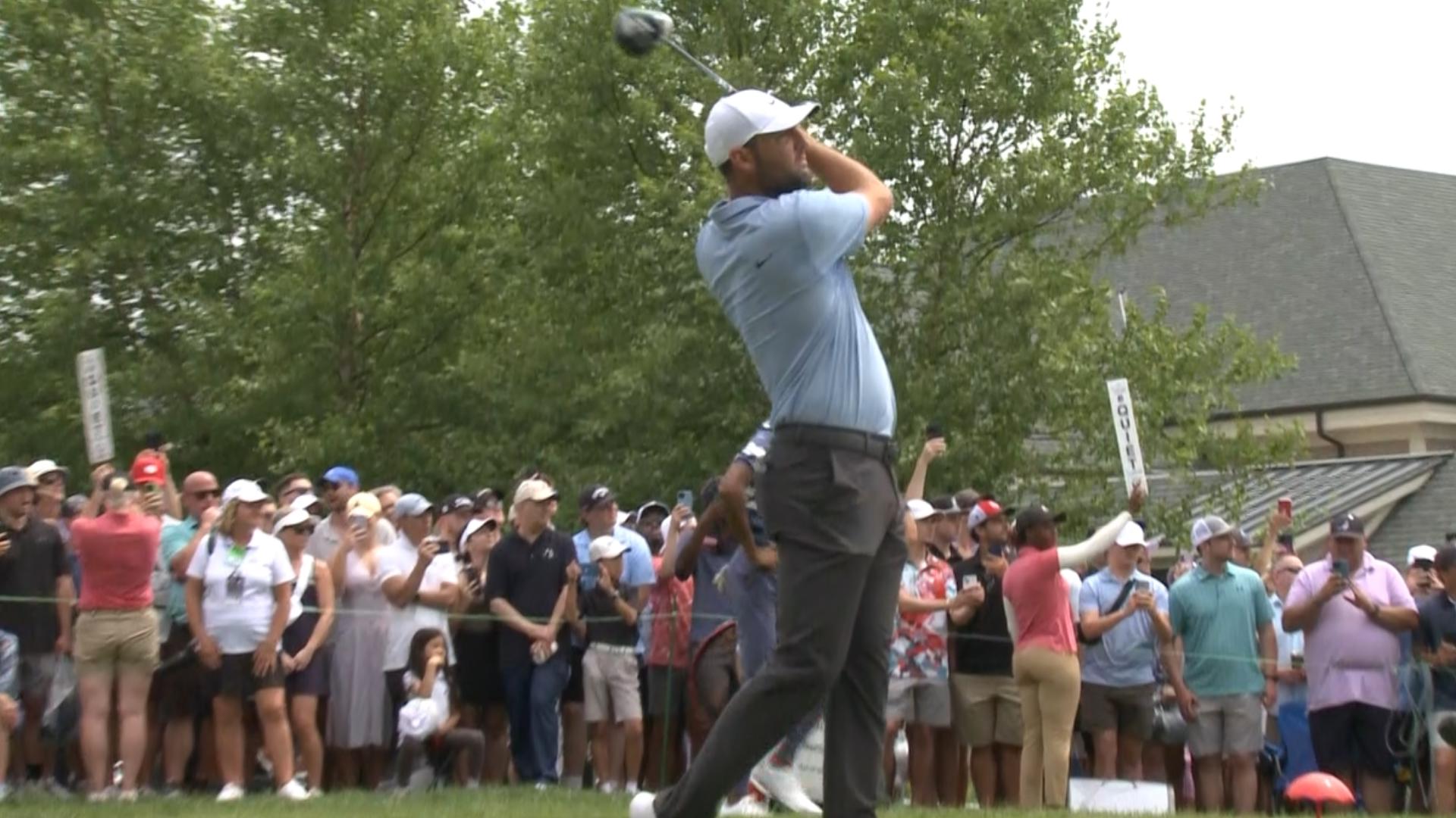 Tom Kim, Akshay Bhatia and Scottie Scheffler tee off on the final round of the 2024 Travelers Championship at TPC River Highlands in Cromwell, Conn.