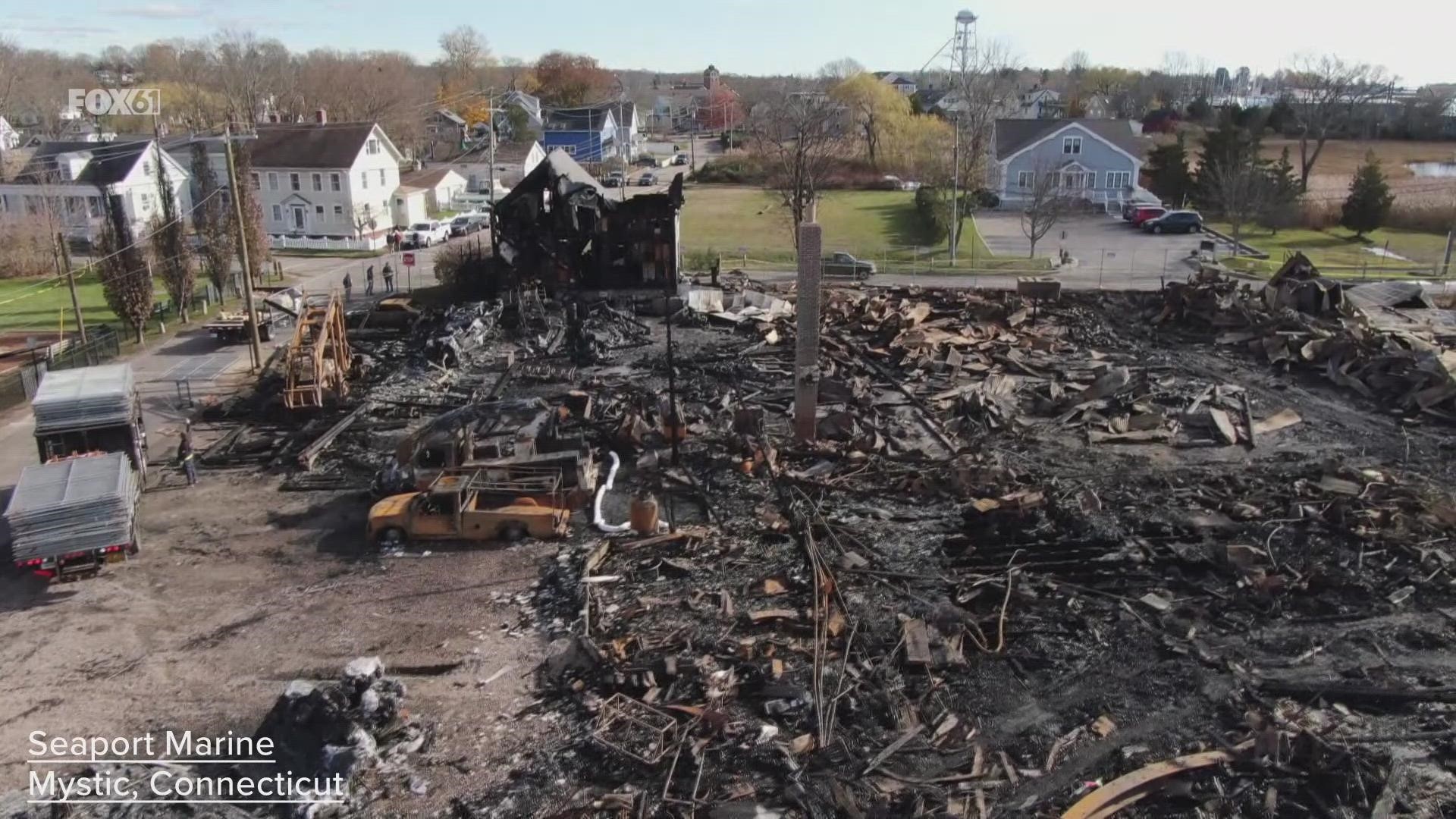 Here's an aerial view of the extensive damage Sunday night's fire caused at the Seaport Marine in Mystic.