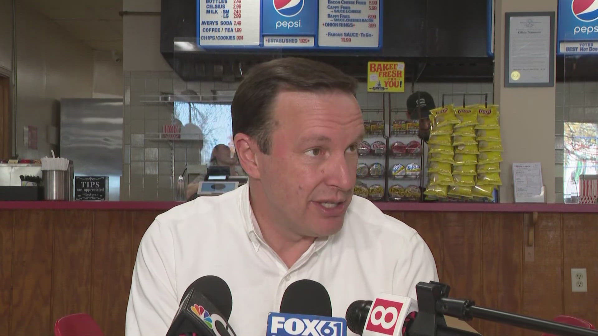 U.S. Sen. Chris Murphy celebrated his election win and state election wins at Capitol Lunch in New Britain and addressed the presidential win.