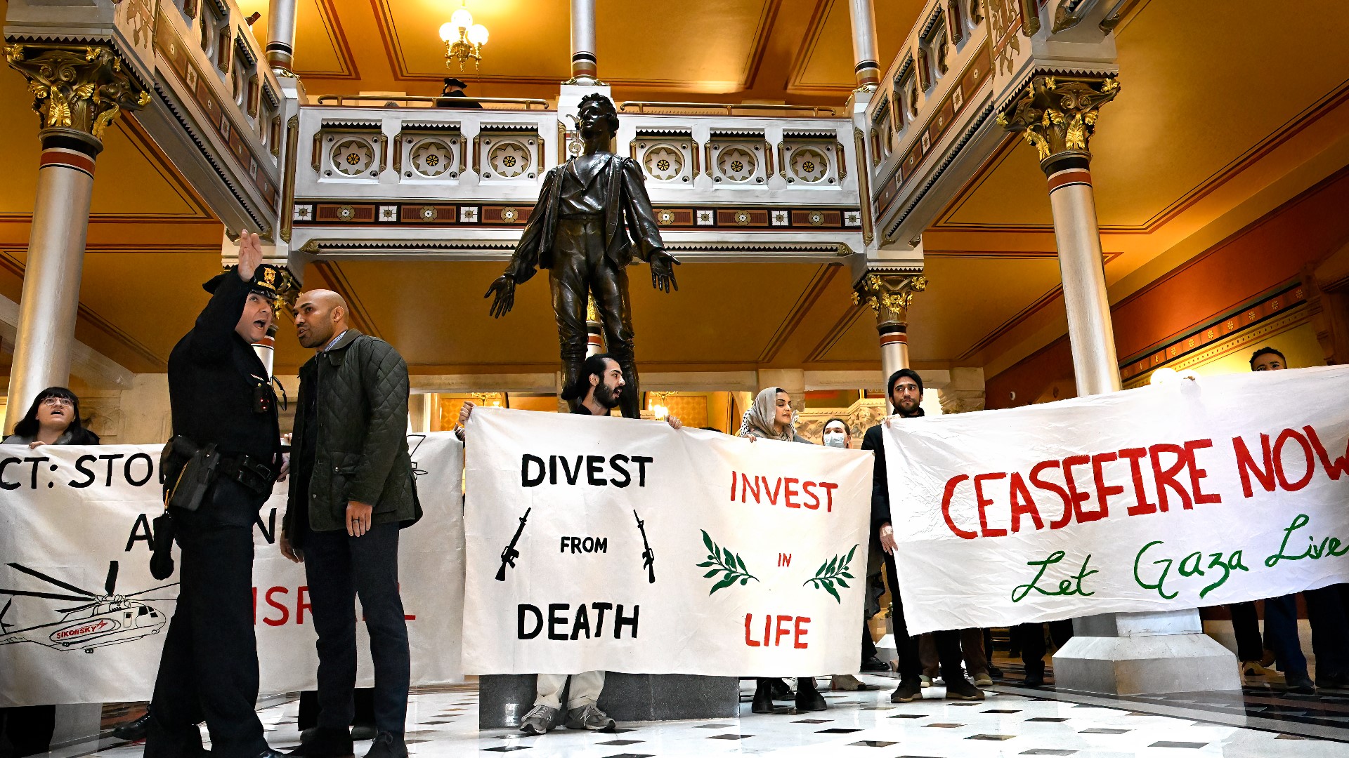 Pro-Palestinian protestors were escorted out of the state Capitol in Hartford, Connecticut after interrupting Gov. Ned Lamont's State of the State address.