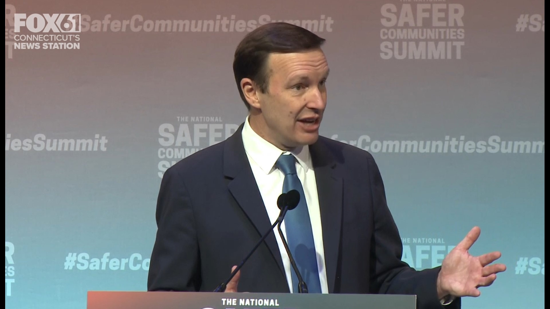 U.S. Senator Chris Murphy (D-Conn.) addresses the crowd at the National Safer Communities Summit, hosted at the Univ. of Hartford.