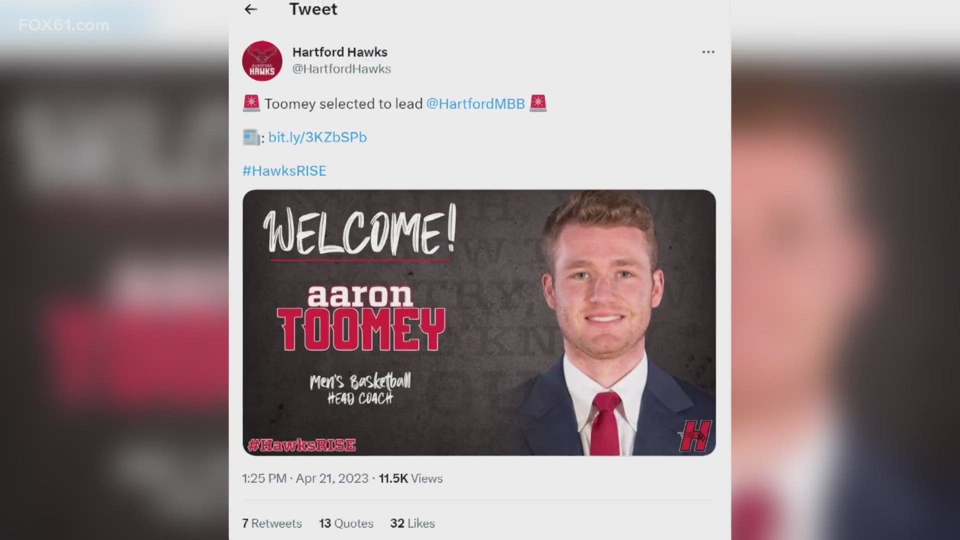 Aaron Toomey will join the Hartford Hawks, succeeding former head coach John Gallagher, who departed the university after a tumultuous transition to Division III.