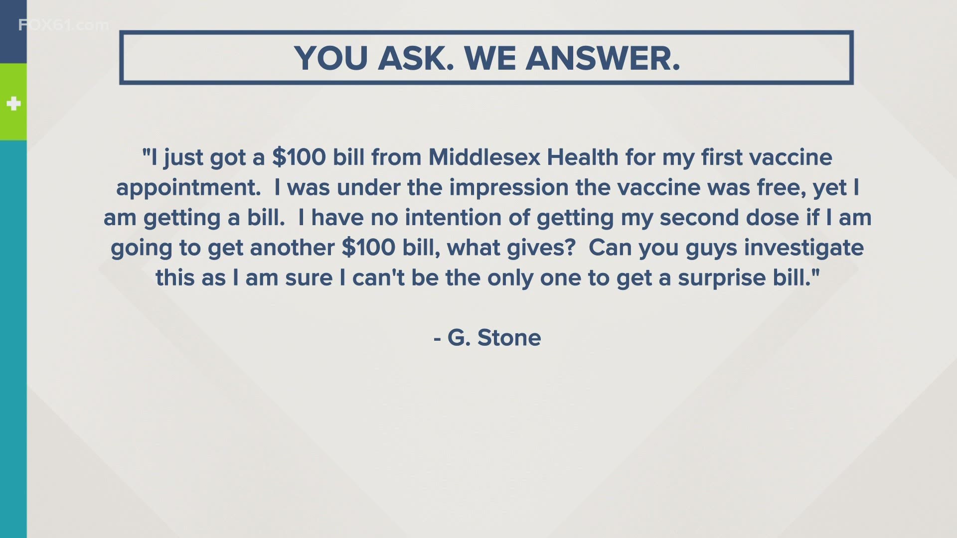I just got a $100 bill from Middlesex Health for my first vaccine appointment.