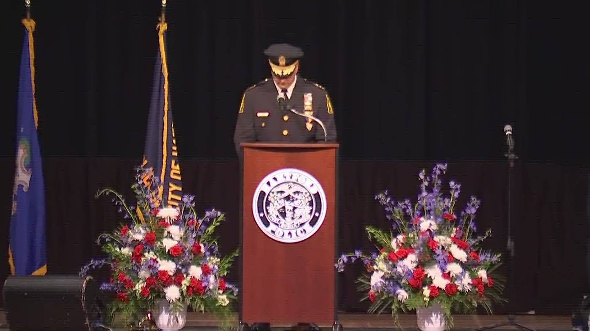 Hartford Police Chief Jason Thody speaks of fallen det. Bobby Garten at funeral services held in city.