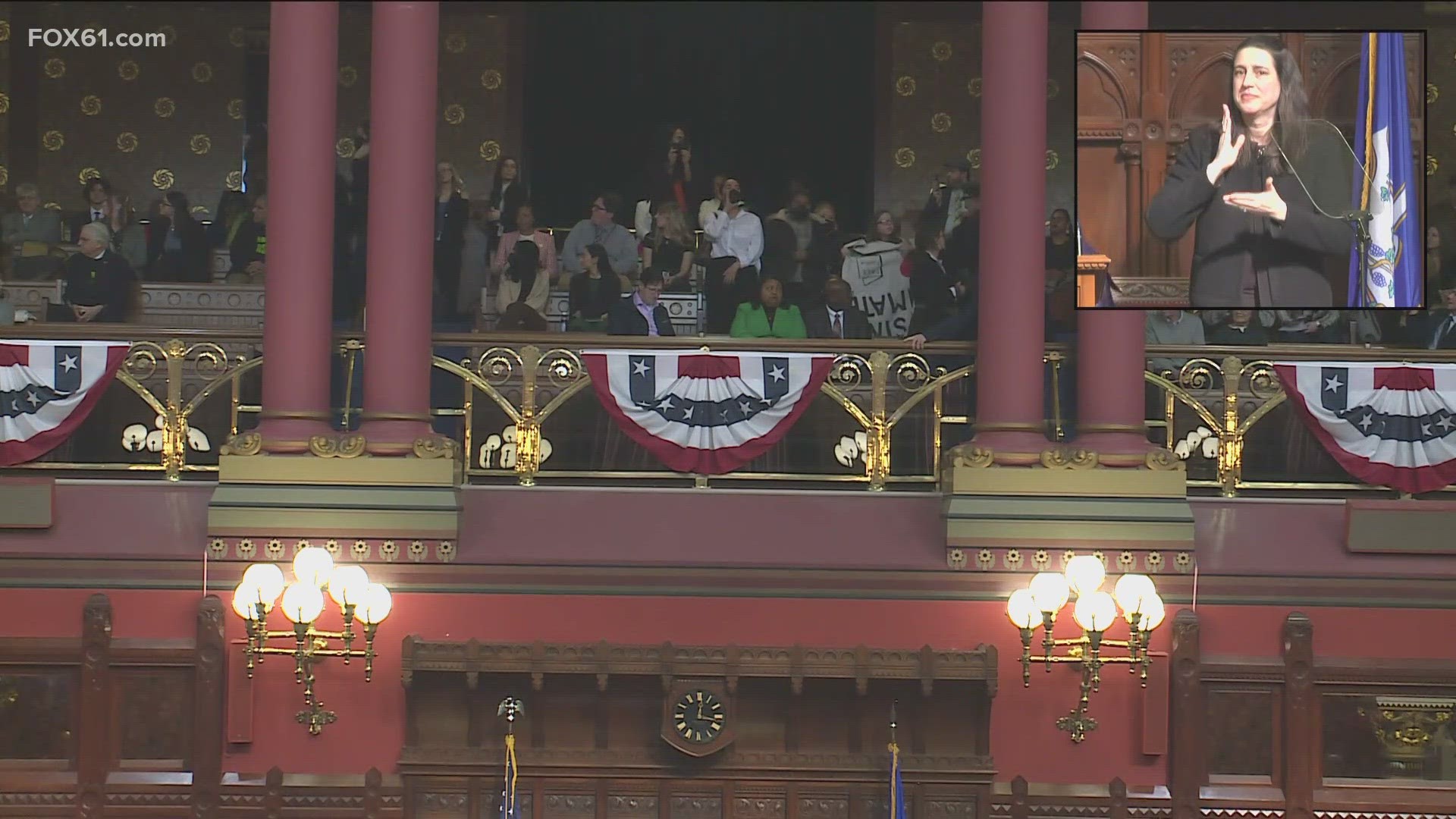 Minutes into Gov. Ned Lamont's 2024 State of the State address, protestors inside began shouting "ceasefire now," referring to the current war.