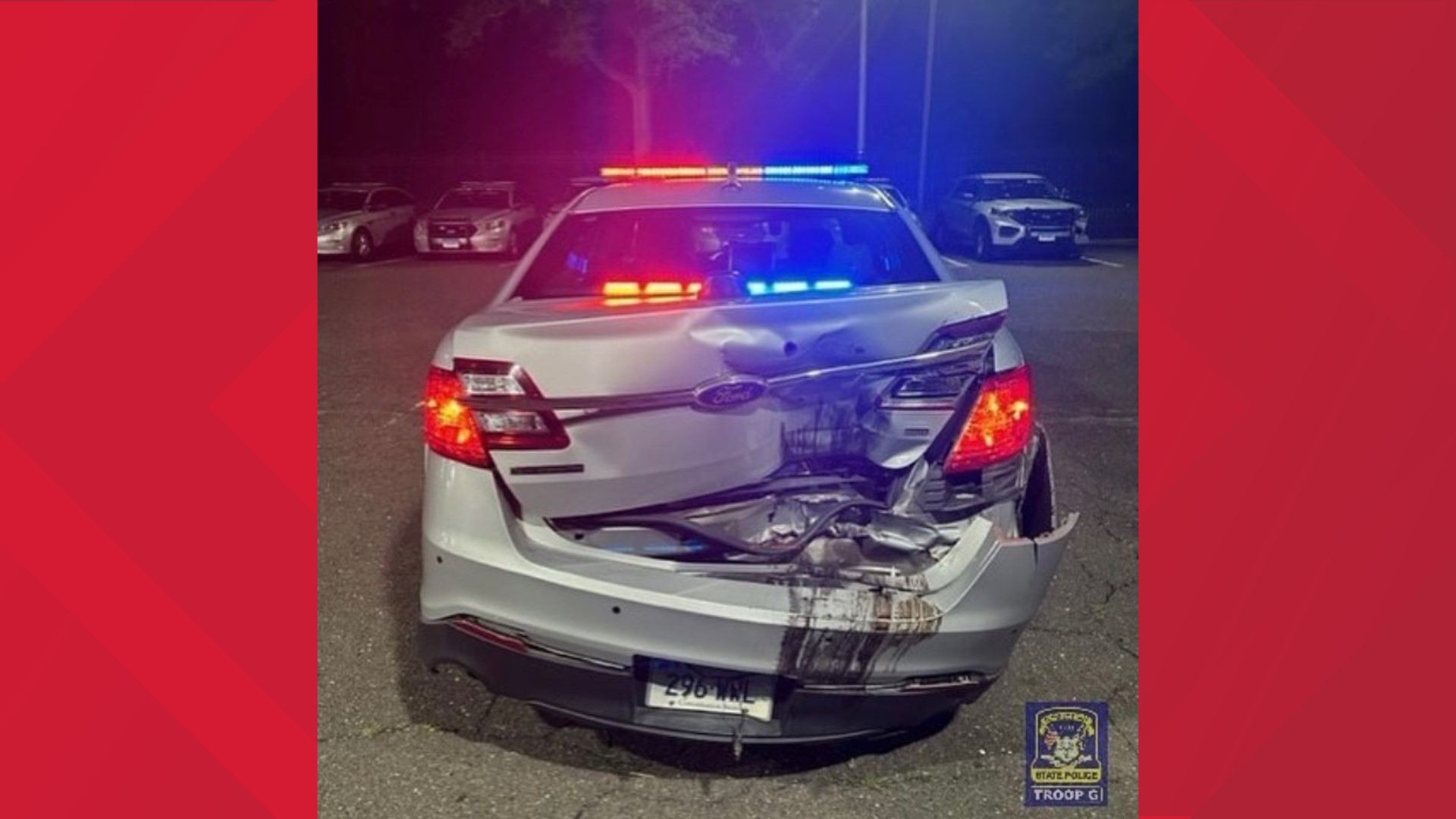A state police cruiser on Interstate 95 in Greenwich was struck by a loose tractor-trailer tire, damaging the vehicle.