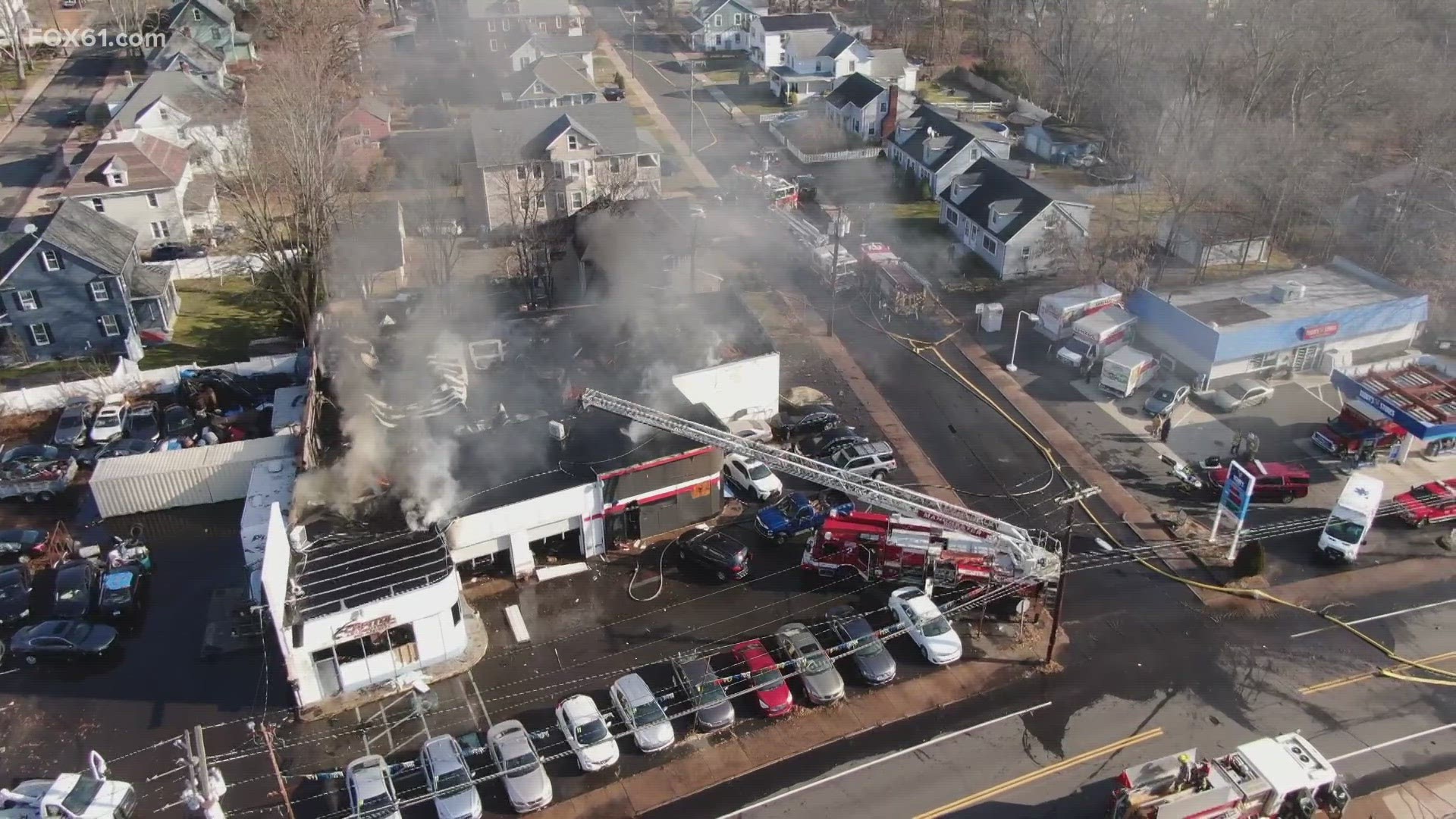 A three-alarm fire broke out at Capitol Automotive on Main Street.