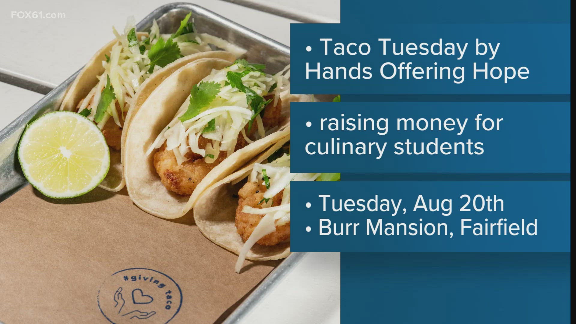 Bartaco and Ordinary New Haven will be part of a Taco Tuesday celebration to benefit Hands Offering Hope. Use discount code FOX61!