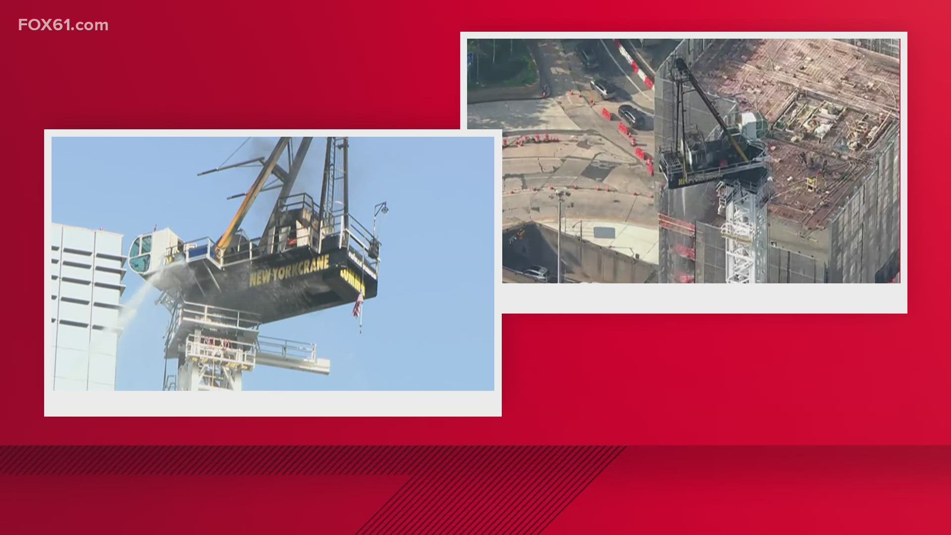 A crane fire is seen being put out in New York after the arm of the crane fell onto the street below.