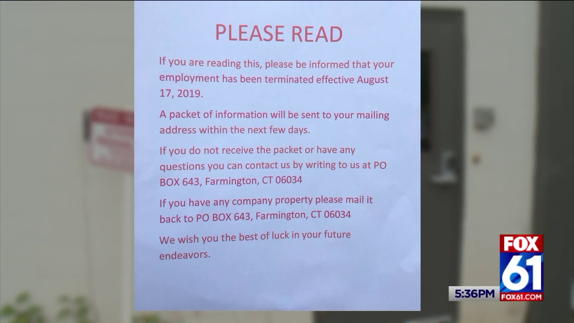 Class action lawsuit filed over Farmington company firing employees with a note on the door