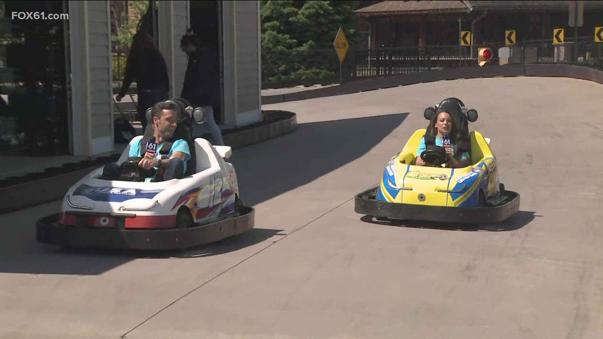 FOX61's Keith McGilvery and Rachel Piscitelli burn some rubber on the track at Sonny's Place in Somers for today's bucket list.