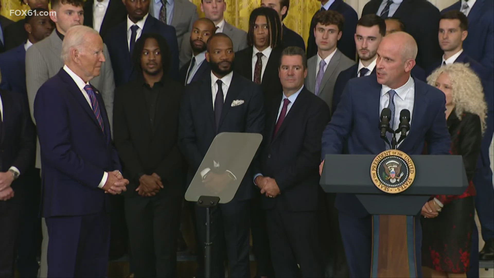 The UConn Huskies men's basketball team visited the White House and President Joe Biden on Tuesday, celebrating their most recent national championship.