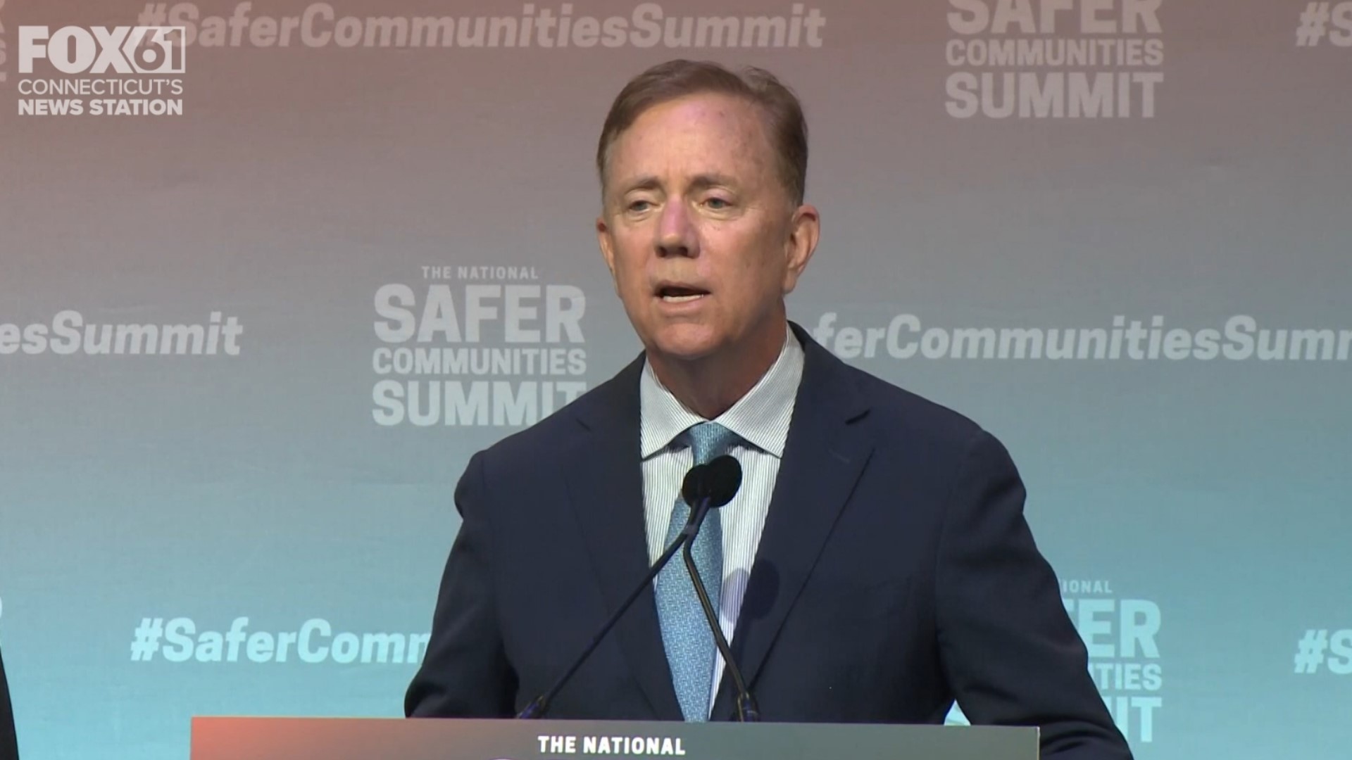 Connecticut Gov. Ned Lamont welcomes guests to the National Safer Communities Summit, hosted at Univ. of Hartford.