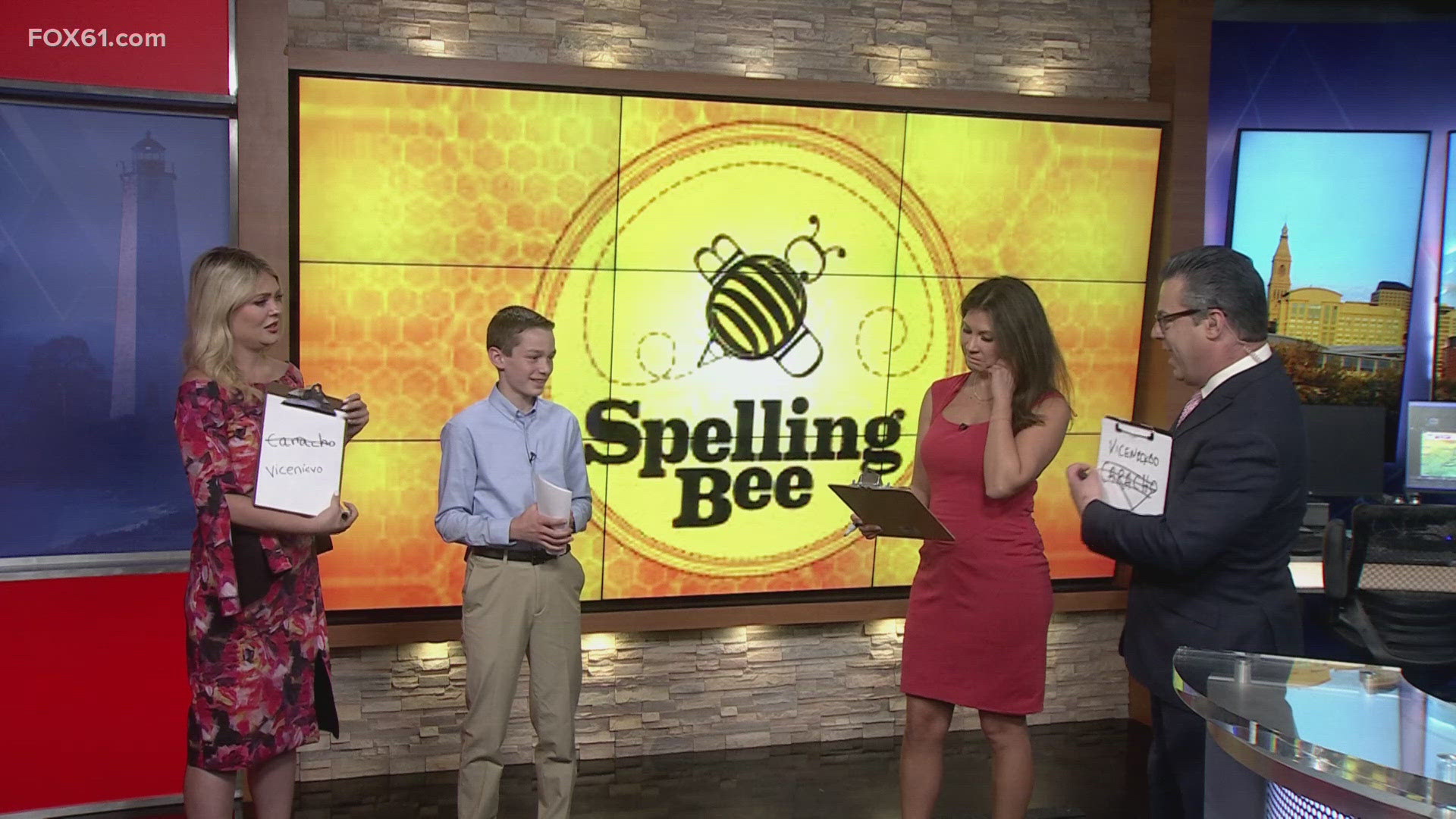 Somers 8th grader Nathan Settevendemie finished 10th in the Scripps Spelling Bee. He tests the morning news team in a studio spelling bee.
