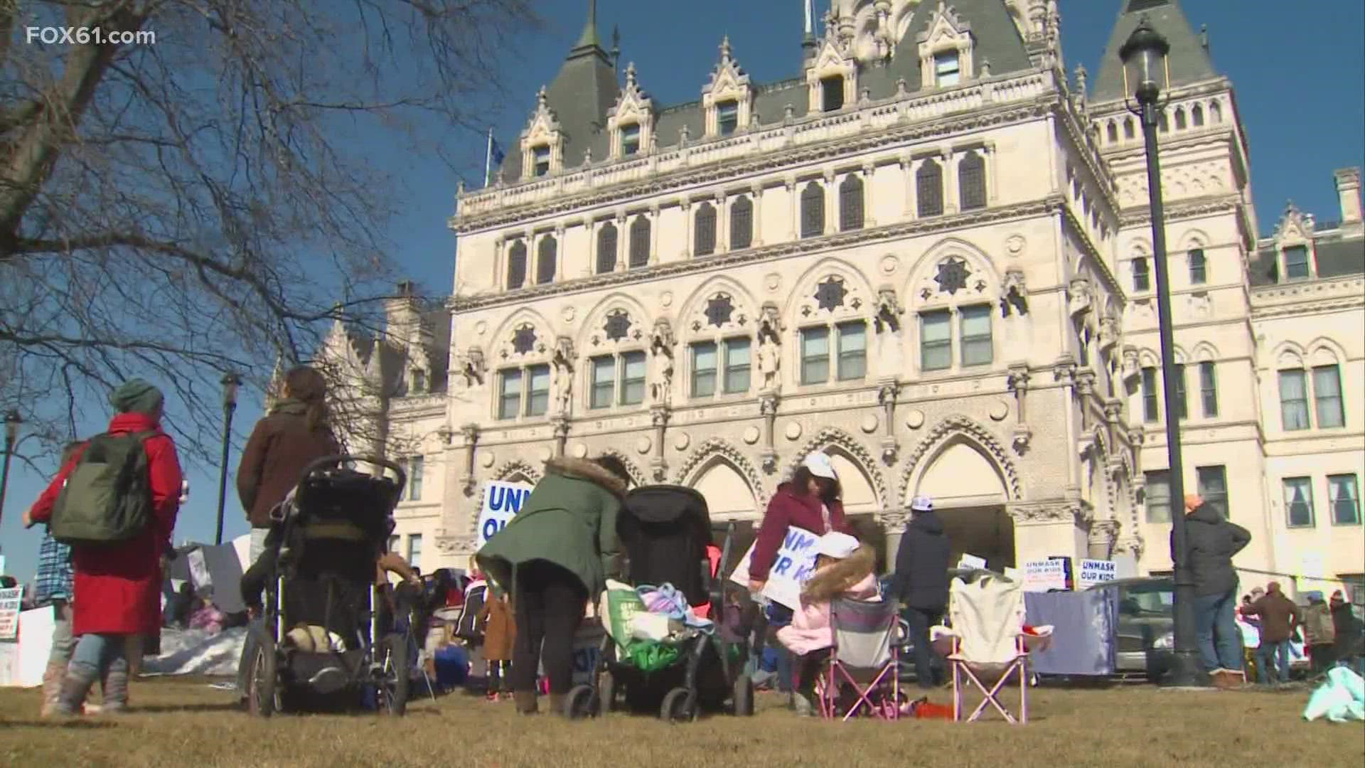 While Gov. Ned Lamont was delivering his State of the State address inside the State Capitol, a rally of parents and students demanded choice on masking of students.