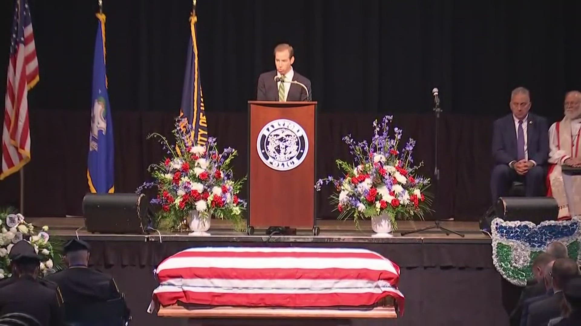 Hartford Mayor Luke Bronin gives remarks at funeral service held for fallen Hartford police Det. Robert 'Bobby' Garten.