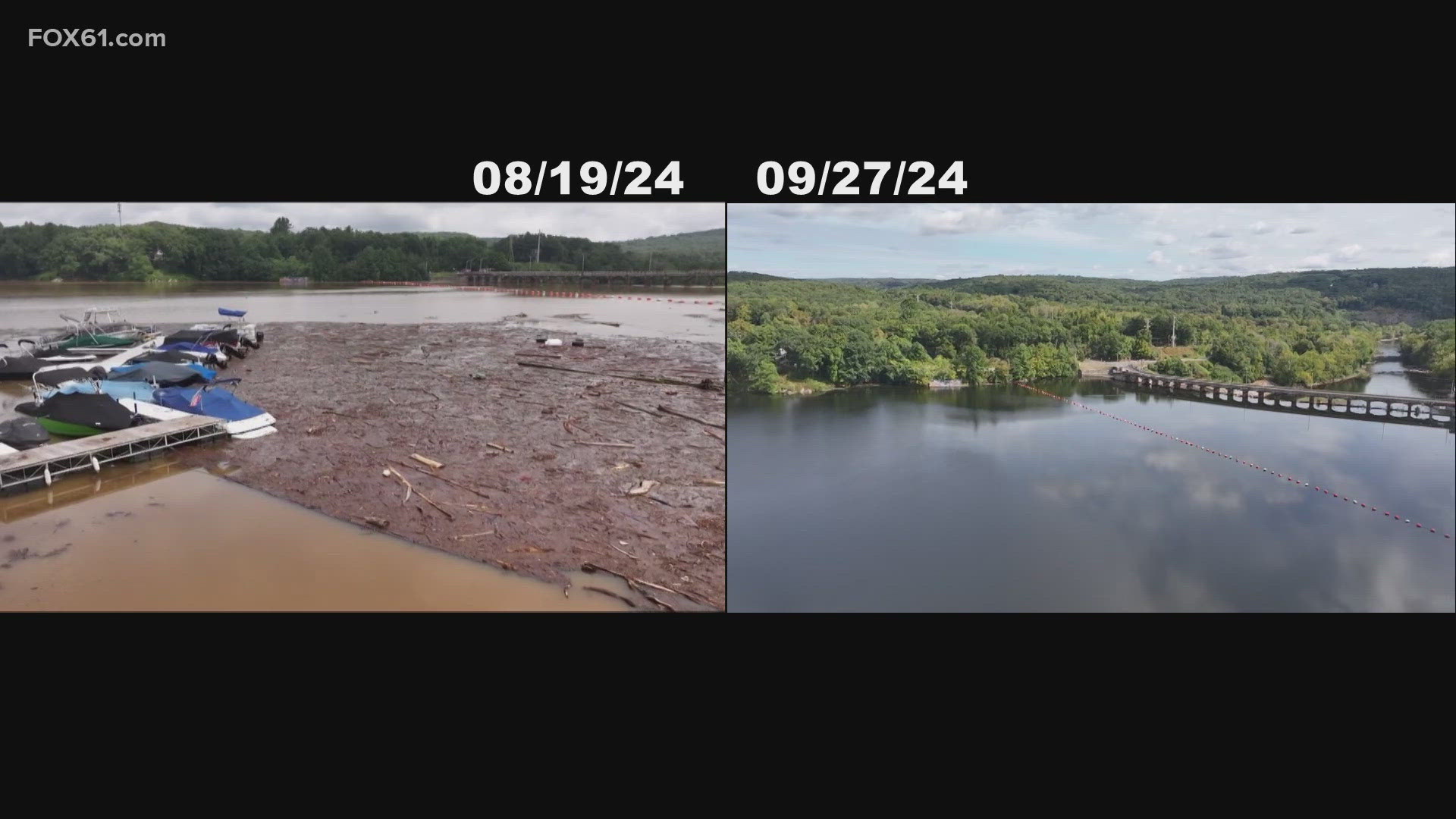 This is a side-by-side comparison of what Lake Zoar looked like after the floods.