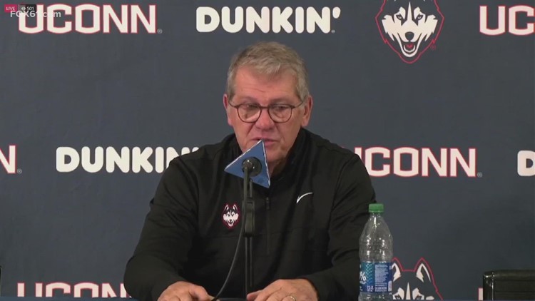 Geno Auriemma discusses 
Inês Bettencourt making clutch free throws to seal the win over Princeton