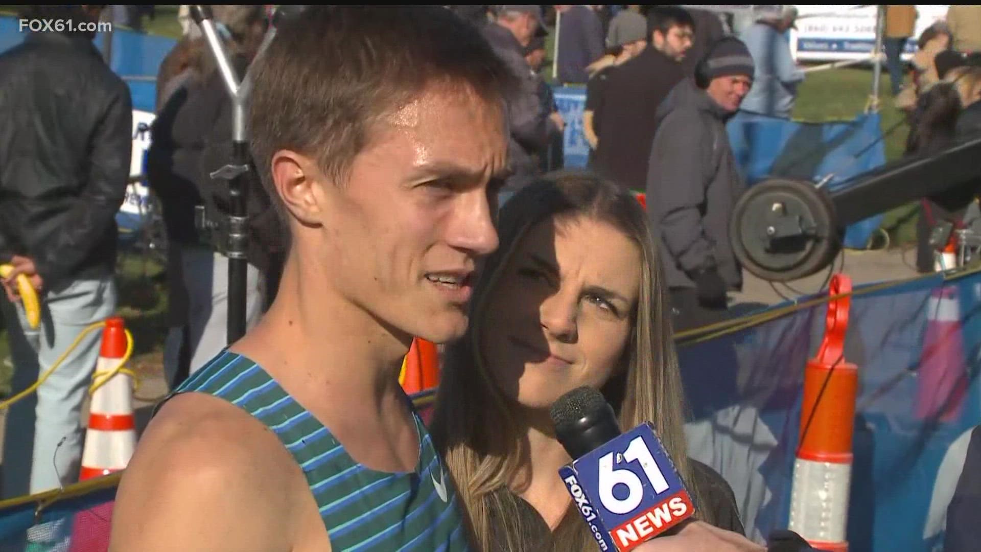 Connor Mantz won the Manchester Road Race in record time. The 25-year-old from Provo, Utah won the race with a time of 21:04.