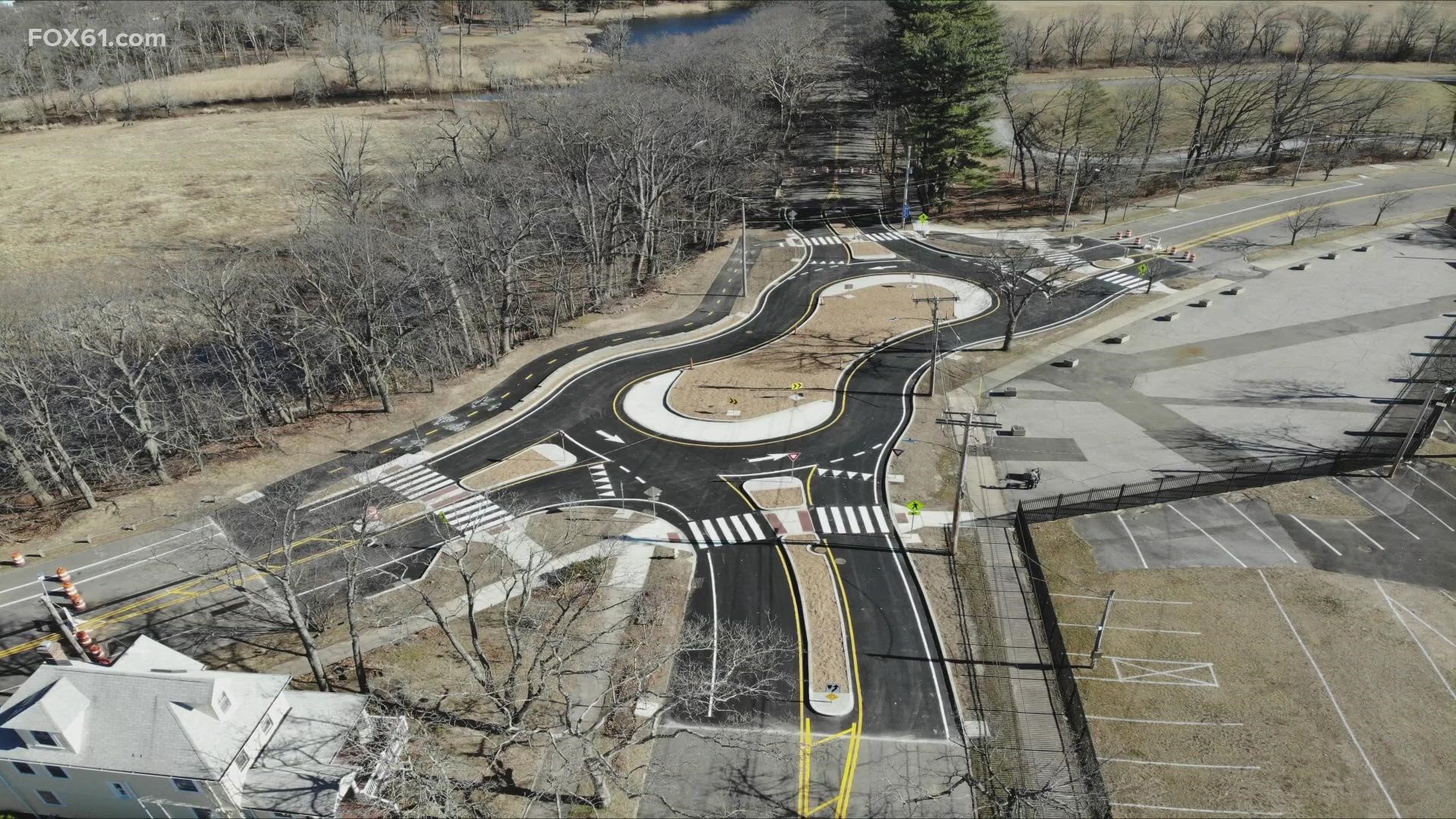 The unique design of the new roundabout tries to combat the problem of people speeding through the area.
