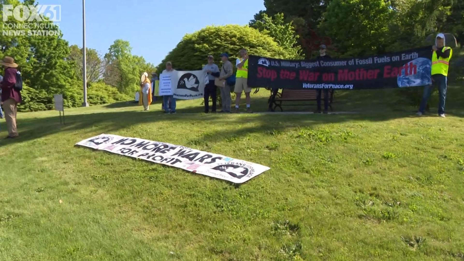 Protestors formed outside of the Coast Guard Academy grounds, with many of them calling for an end to the war in Gaza.