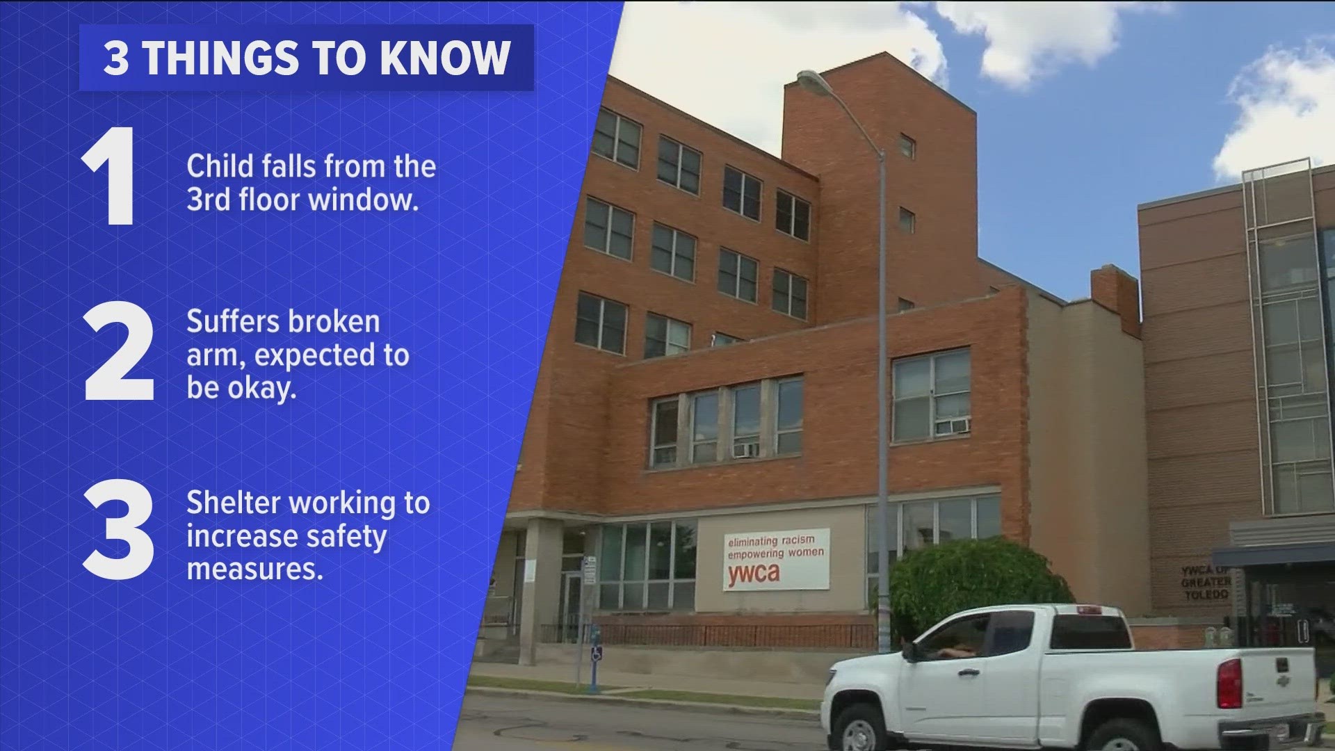 The small child fell from a third-floor window at the YWCA building on Jefferson Ave. on Sunday afternoon.