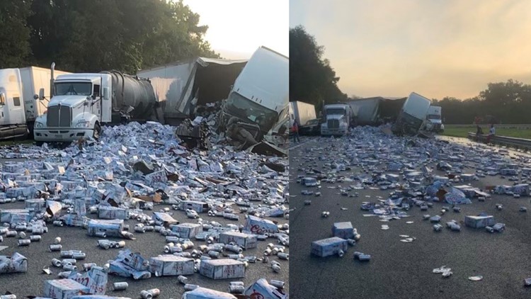 Cases of beer spill on I-75 after multiple semi-trucks collide