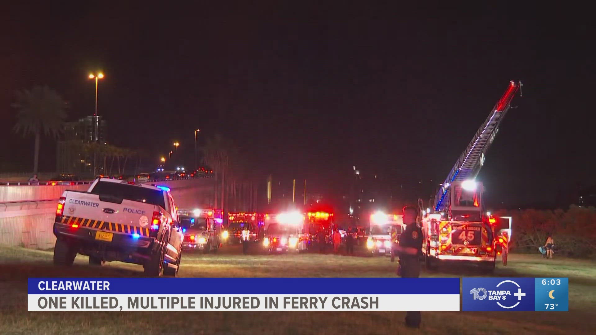 One person is dead and several others were hospitalized after a boat crashed into a ferry carrying dozens of people near the Memorial Causeway Bridge Sunday night.