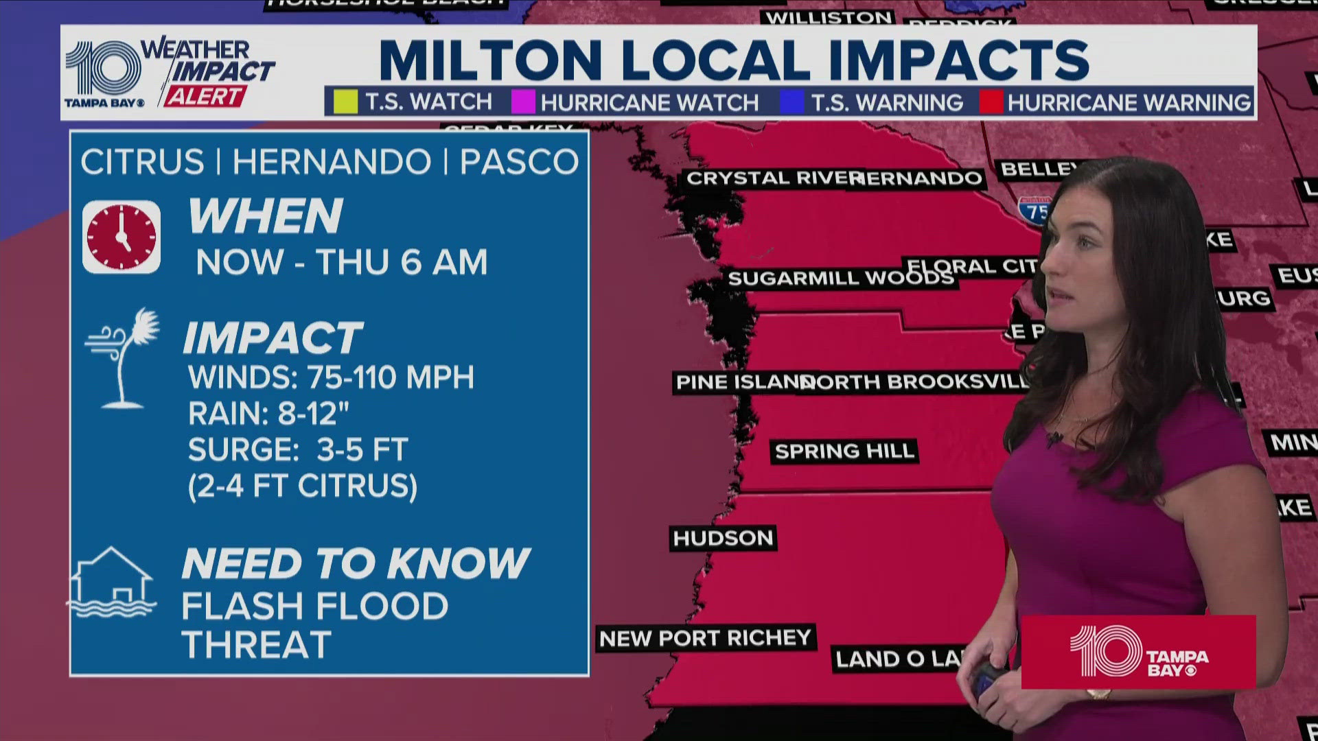 Our weather team has the latest on the expected impacts Hurricane Milton could bring to the Tampa Bay area.