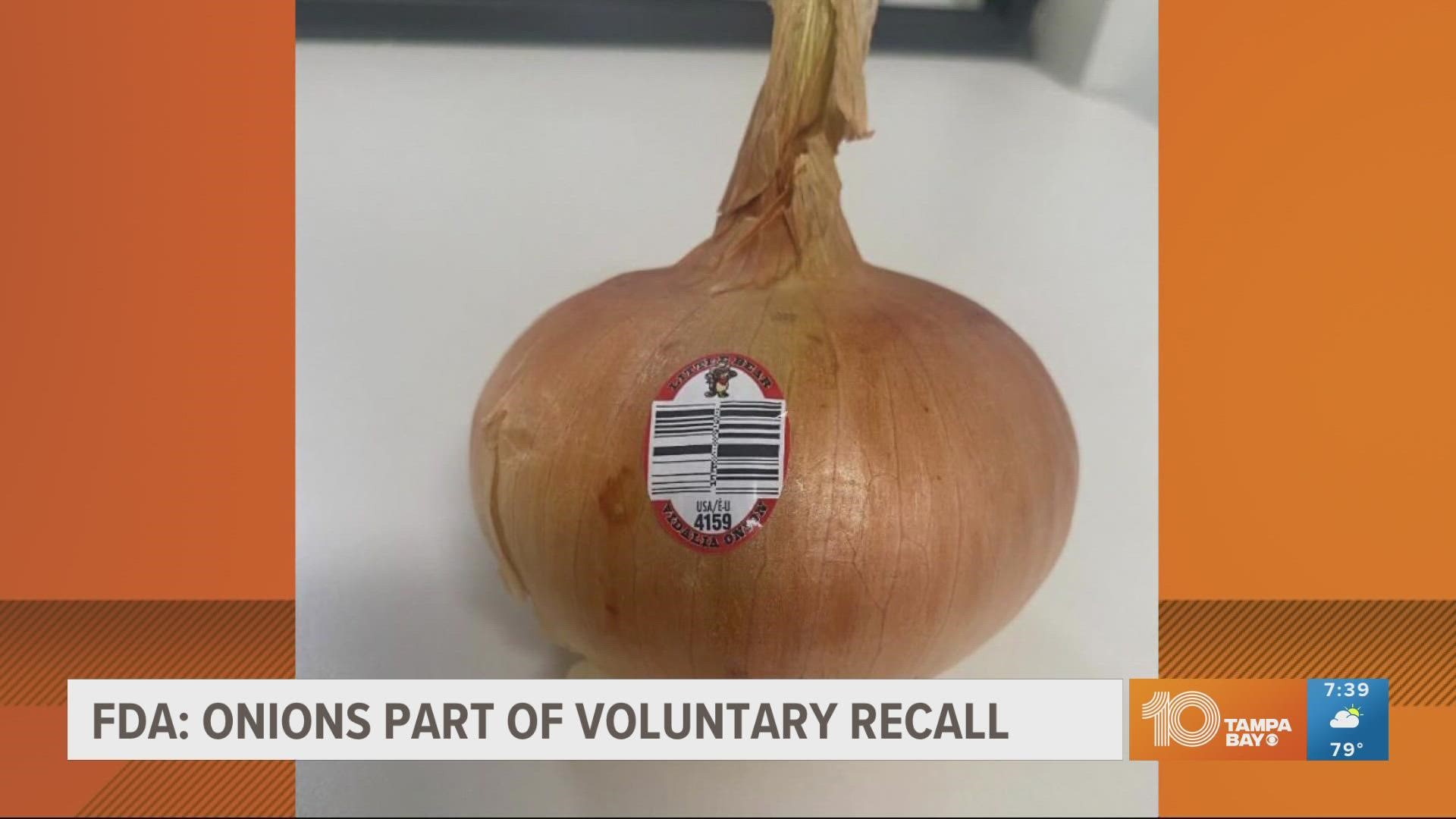 The Little Bear brand Vidalia onions were sold between June 22-24 at Publix stores and have "PLU 4159" on the sticker.