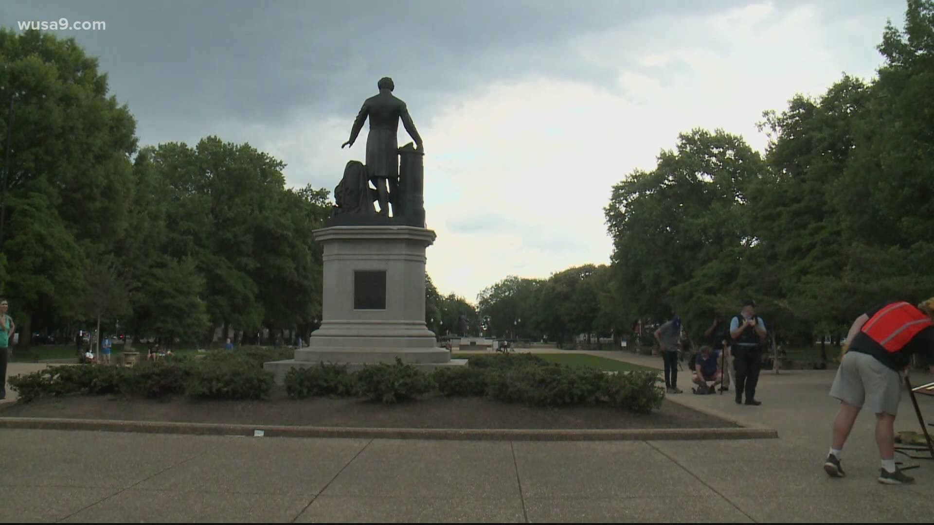 The bronze memorial statue was erected in 1876 to honor Abraham Lincoln for the Emancipation Proclamation. Protesters said they will return Friday to tear it down.