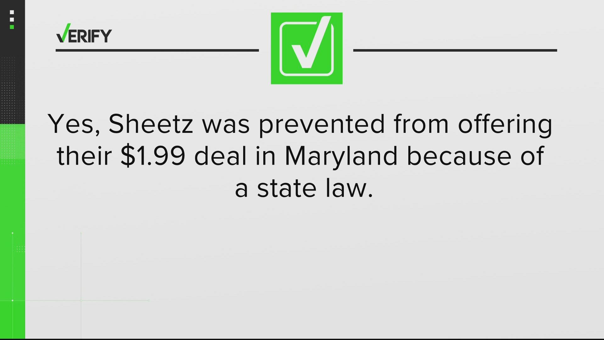 A Sheetz spokesperson told us "Maryland law prohibits selling fuel below cost. As a result, Sheetz discounted the sale of Unleaded 88 as low as possible."