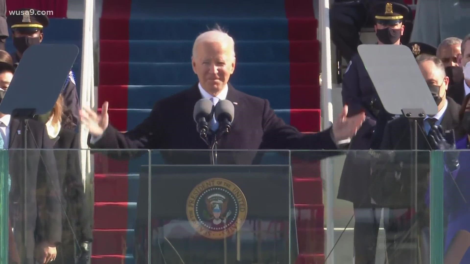 Joe Biden delivers his first speech as the 46th President of the United States moments after he was sworn in by the Chief Justice of the U.S.