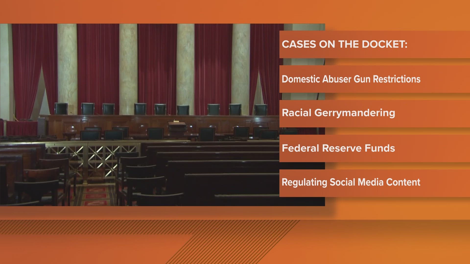 Cases on the docket include whether a person who is the subject of  domestic violence restraining order can possess a gun.