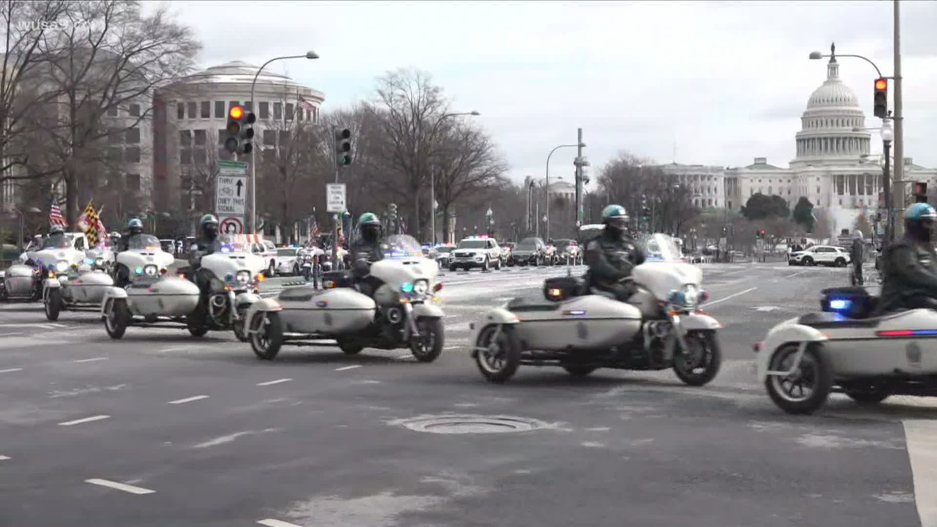 Officer Brian Sicknick's remains were led by a police motorcade from the U.S. Capitol to Arlington Cemetery to be laid to rest.