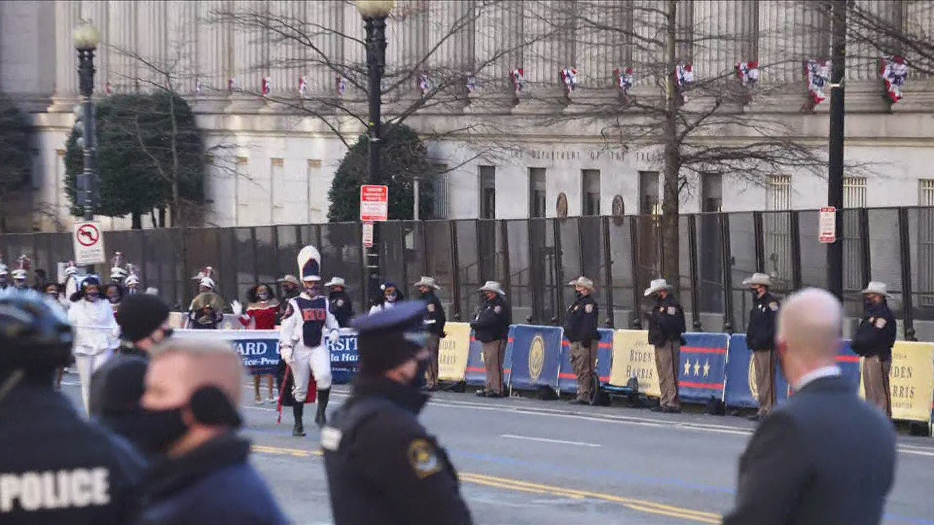Howard University's "Showtime" Marching Band performs during the inauguration parade that is a part of the Presidential Escort through the streets of Washington DC.