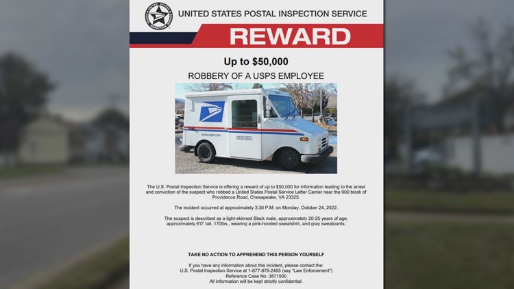 Postal inspectors say man robbed mail carrier in Chesapeake, offer reward of up to $50,000 for information