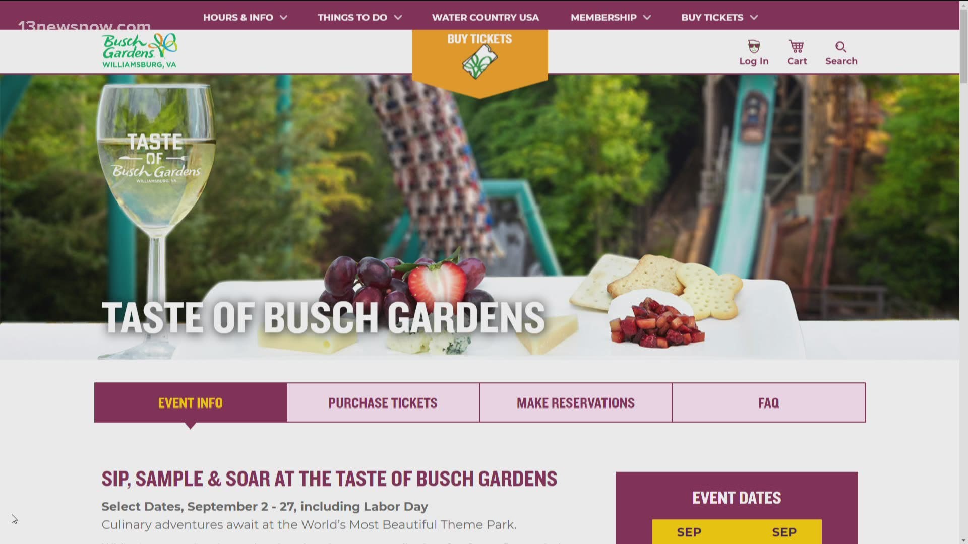 The 'Taste of Busch Gardens' runs on select days from September 2nd through the 27th. Reservations are required.
