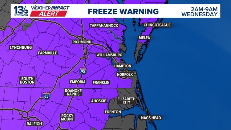Widespread freeze early Wednesday morning for parts of Hampton Roads, northeast NC