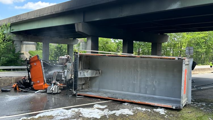Dump truck overpass crash, fire closes Bridge Road in Suffolk