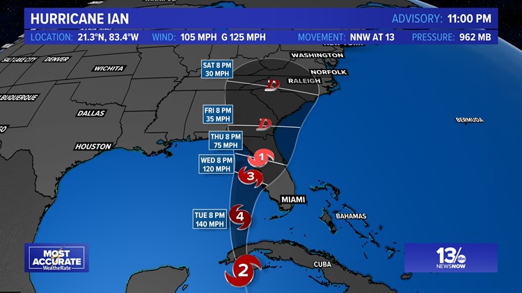 Ian, now a Category 3 hurricane, will make landfall Wednesday in Florida