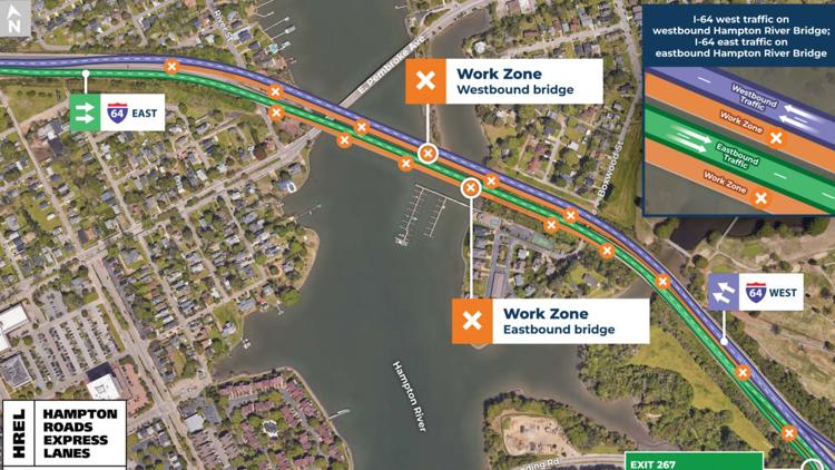 Traffic shift begins Monday on I-64 West in Hampton as bridge work advances